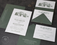 Green Mount Rainier Invitation with landscape mountain sketch and matching seedling green envelopes