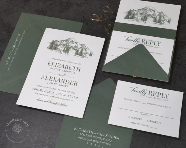 Green Mount Rainier Invitation with landscape mountain sketch and matching seedling green envelopes