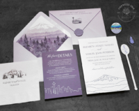 Purple Mountain Letterpress Invitation with line art Mount Rainier design in dusty purple letterpress. Seattle City details cards and watercolor wilderness envelope liners.