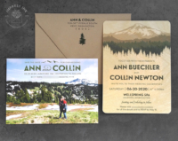 Cascade Mountains Wood Invitation cards printed on real birch wood veneer with wood embossed envelopes and photo save the date cards