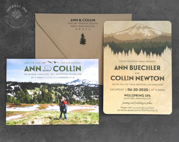 Cascade Mountains Wood Invitation cards printed on real birch wood veneer with wood embossed envelopes and photo save the date cards