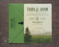 Cascade Mountains Wood Invitation cards printed on real birch wood veneer and green envelopes