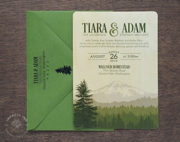 Cascade Mountains Wood Invitation cards printed on real birch wood veneer and green envelopes
