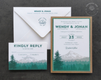 Oregon Mount Hood Invitation with layered wilderness mountain landscape in teal