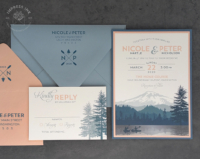 Cascade Mount Rainier Invitation in shades of dusty blue, slate and peach accents