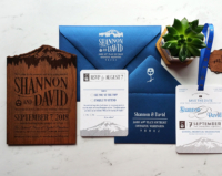 Mount Rainier Wood Invitation with blue envelopes, reply cards and lift ticket save the dates