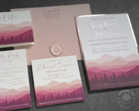 Pink Ombre Mountains Invitation with mountain landscape in shades of burgundy, pink, and blush, with Rose Gold foil imprint.