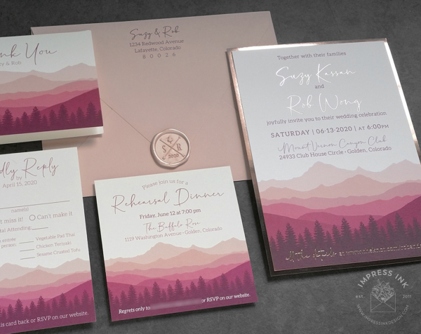Pink Ombre Mountains Invitation with mountain landscape in shades of burgundy, pink, and blush, with Rose Gold foil imprint.
