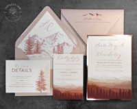 Terracotta Ombre Mountains Invitation with mountain landscape in shades of burgundy, terracotta, beige and nude.