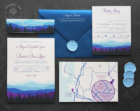 Blue Purple Mountains Invitation with mountain landscape in shades of purple, blue and black