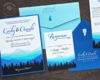 Blue Ombre Mountains Invitation with mountain landscape in shades of light blue, royal blue, and black