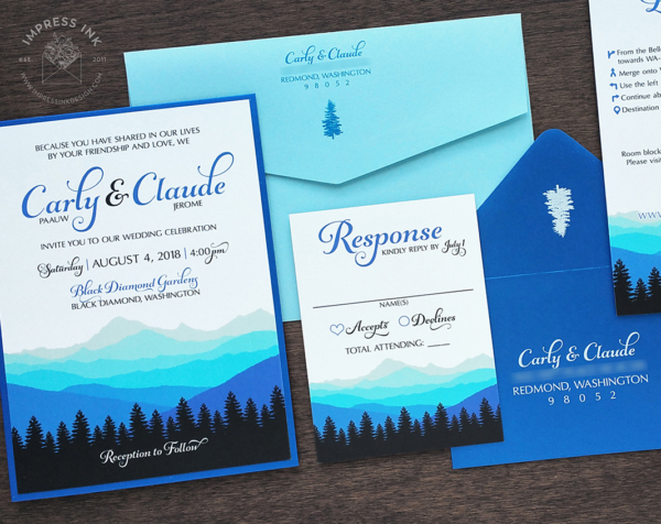 Blue Ombre Mountains Invitation with mountain landscape in shades of light blue, royal blue, and black
