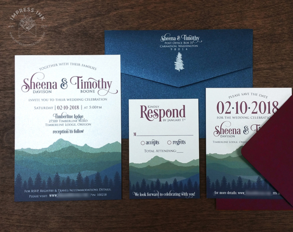 Sage Ombre Mountains Invitation with mountain landscape in shades of sage green, slate blue, and navy