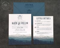 Winter Blue Mountains Invitation with mountain landscape in shades of gray, dusty blue, and navy