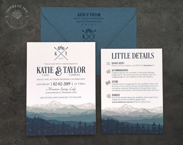 Winter Blue Mountains Invitation with mountain landscape in shades of gray, dusty blue, and navy