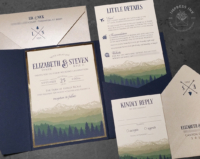 Ombre Mountains Pocket Invitation with navy blue pocket folder, matching cards