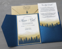 Gold Mountain Pocket Invitation with mountain landscape in shades of tan, gold, and navy blue, in a pocket folder