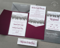 Gray Burgundy Mountain Invitation with burgundy pocket folder