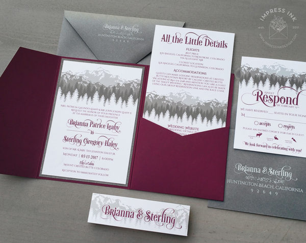 Gray Burgundy Mountain Invitation with burgundy pocket folder