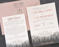 Rose Gold Mountain Invitation with gray mountain and rose gold foil imprint
