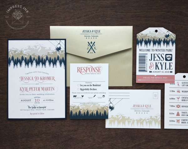 Chair Lift Mountain Invitation with lift ticket tags and reply postcards
