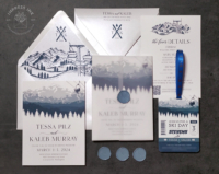 Ski Lift Mountain Invitation in navy blue with chairlift and lift ticket