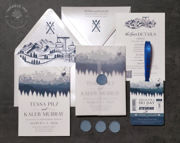 Ski Lift Mountain Invitation in navy blue with chairlift and lift ticket