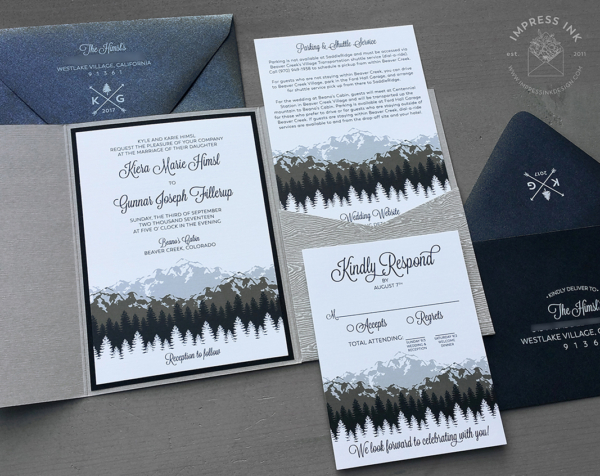 Black Rocky Mountain Invitation with woodgrain pocket folder