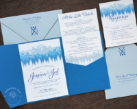 Blue Mountain Pocket Invitation with light blue mountains and Adriatic pocket folder
