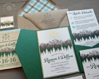 Green Rocky Mountain Invitation with pocket folder and plaid envelope liners