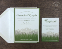Green Beige Mountain Invitation with backing layers and reply cards