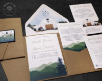 Wilderness Woodgrain Pocket Invitation with watercolor barn venue envelope liners