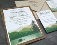 Green Wilderness Landscape Invitation with green color scheme and gold foil and walnut wood backing layers