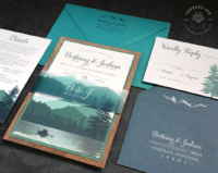 Teal Wilderness Landscape Invitation with Teal color scheme and walnut wood backing layers