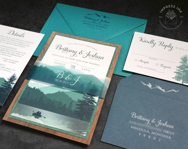 Teal Wilderness Landscape Invitation with Teal color scheme and walnut wood backing layers