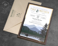 Layered Wilderness Landscape Invitation with gold foil imprint and gold and wood embossed backing layers