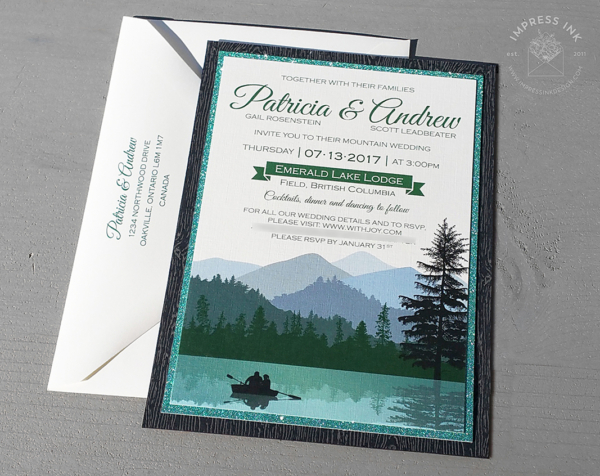 Layered Wilderness Landscape Invitation with teal glitter and black embossed wood backing layer