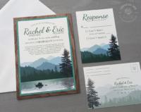 Layered Wilderness Landscape Invitation with teal glitter and walnut wood backing layer