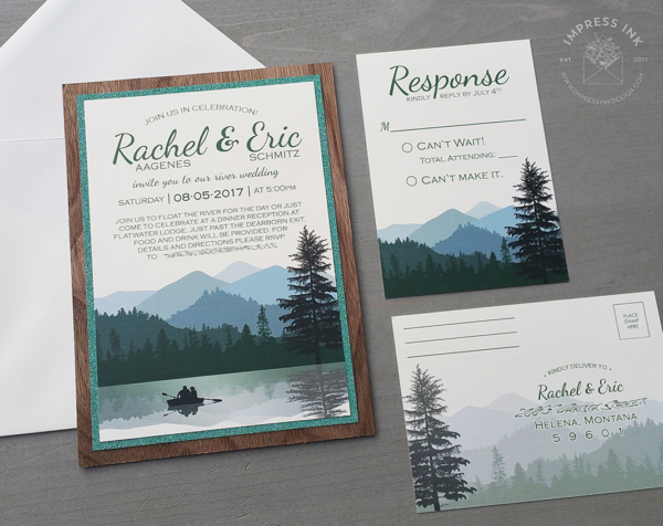 Layered Wilderness Landscape Invitation with teal glitter and walnut wood backing layer