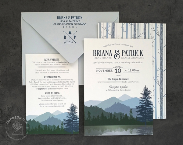 Lake Wilderness Flat Invitation with details cards and light blue envelopes