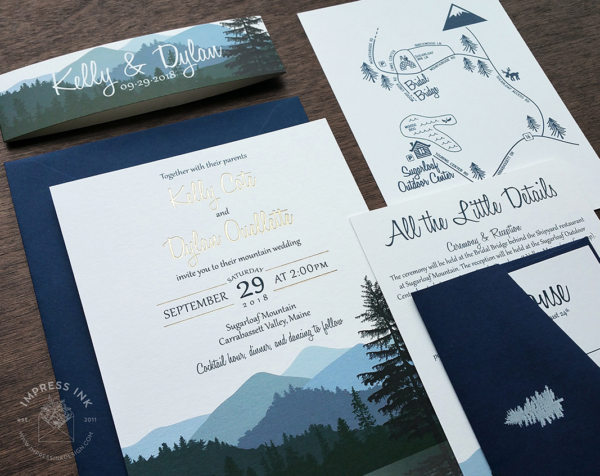 Lake Wilderness Flat Invitation with gold foil imprint, details cards and navy blue envelopes