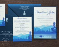 Blue Wilderness Landscape Invitation in shades of bright blue with matching details cards and navy envelopes