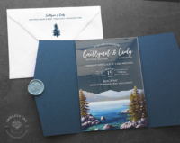 Lake Tahoe Acrylic Invitation with mountain lake landscape on clear acrylic card, blue folder