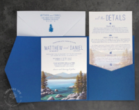 Lake Tahoe Pocket Invitation with mountain lake landscape in a royal blue pocket folder