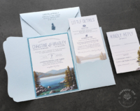 Lake Landscape Pocket Invitation with mountain lake landscape in a light blue pocket folder