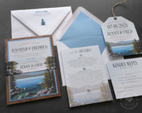 Lake Tahoe Layered Invitation with mountain lake landscape mounted to blue and walnut wood veneer backing layers