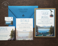 Lake Tahoe Gondola Invitation with mountain lake landscape mounted to blue and Tindalo embossed woodgrain backing layers