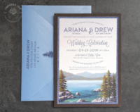 Lake Tahoe Layered Invitation with mountain lake landscape mounted to blue and Bubinga embossed woodgrain backing layer