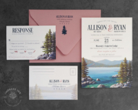 Lake Tahoe Landscape Invitation with mountain lake landscape mounted, with Dusty Pink accents and envelopes