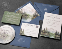 Watercolor Mountain Landscape Invitation in shades of green with slate blue envelopes